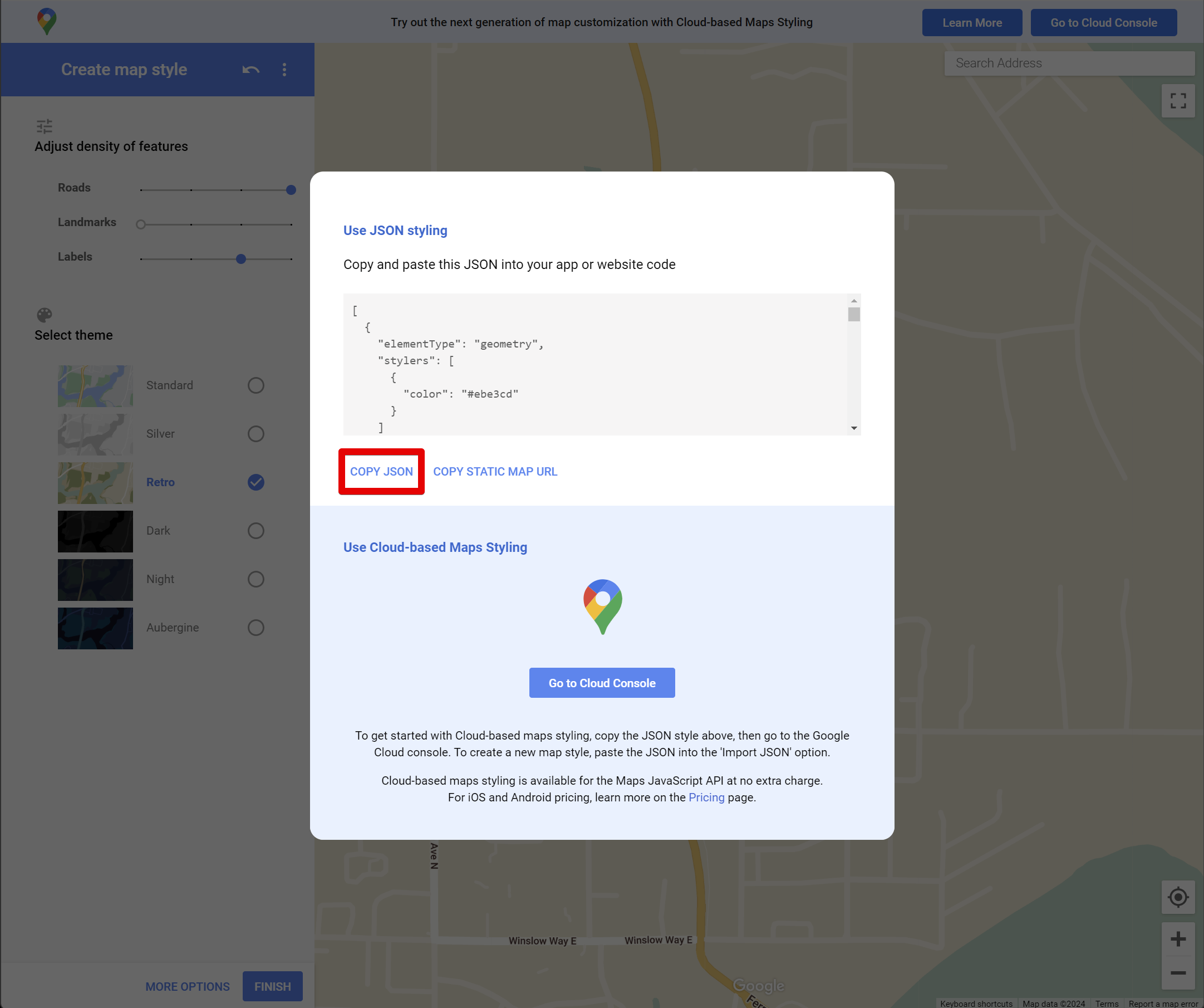 Map customization options with JSON code block and copy button