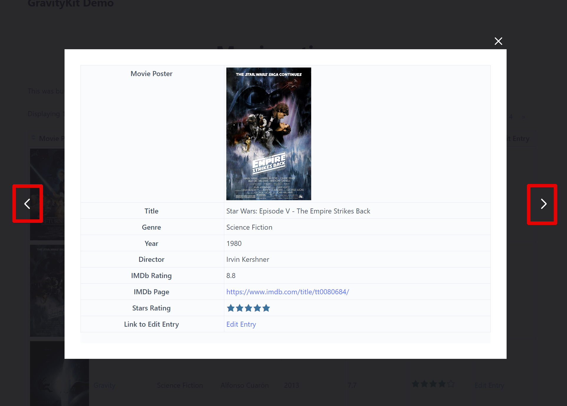 Modal displaying movie details, including title, genre, year, director, IMDb rating, and links