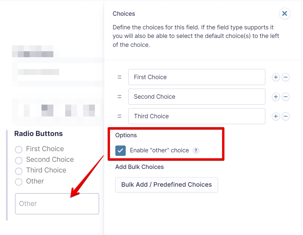Radio button settings with "Enable 'other' choice" option checked