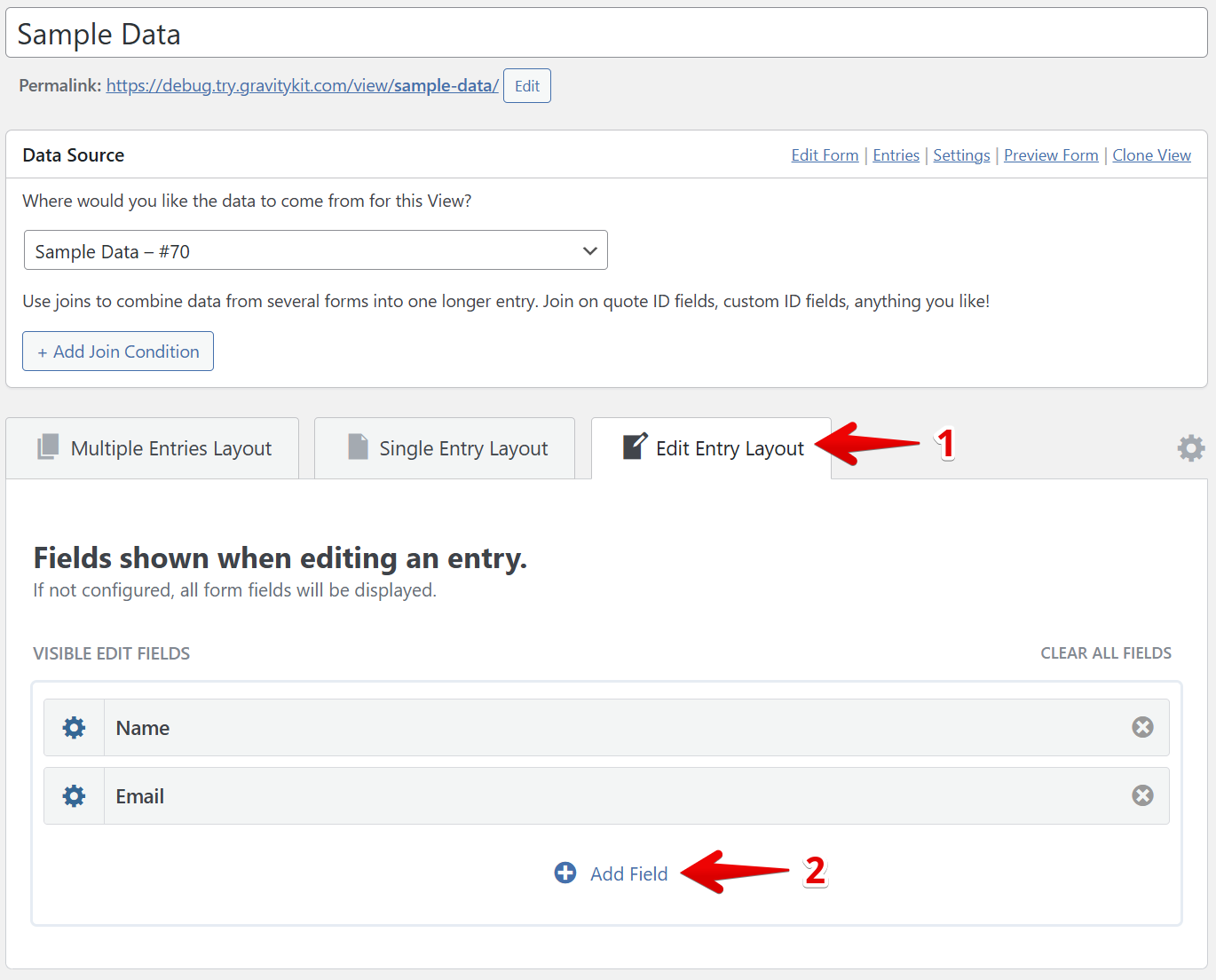 Editing entry layout in GravityView, showing fields Name and Email with option to add fields