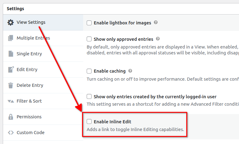 Settings menu highlighting "Enable Inline Edit" option for toggling inline editing