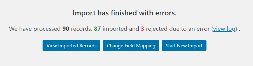 Message indicating that some entries were created but some were rejected