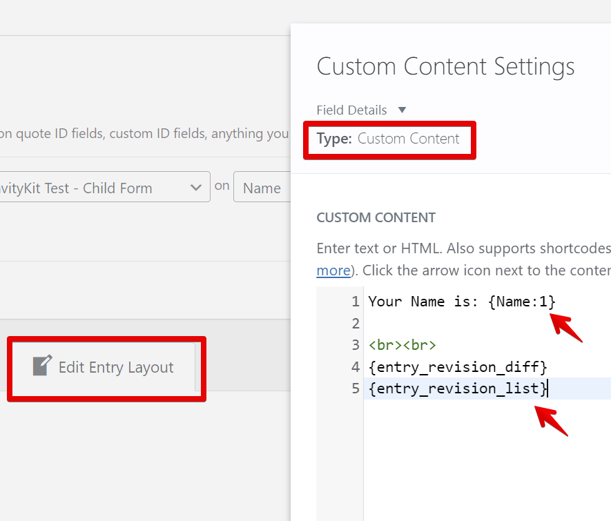 Custom Content Settings showing how to enter text or HTML with shortcodes in a form