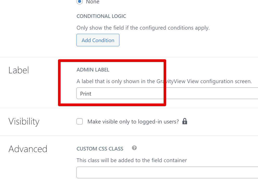 Admin Label field labeled "Print" for configuring custom content in GravityView