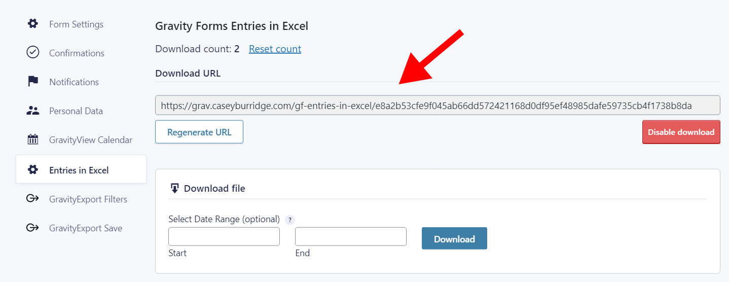 Gravity Forms interface showing a download URL for Excel entries with a red arrow highlighting the URL