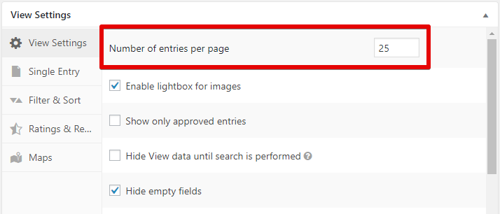 Number of entries per page setting in list view options, set to 25 entries