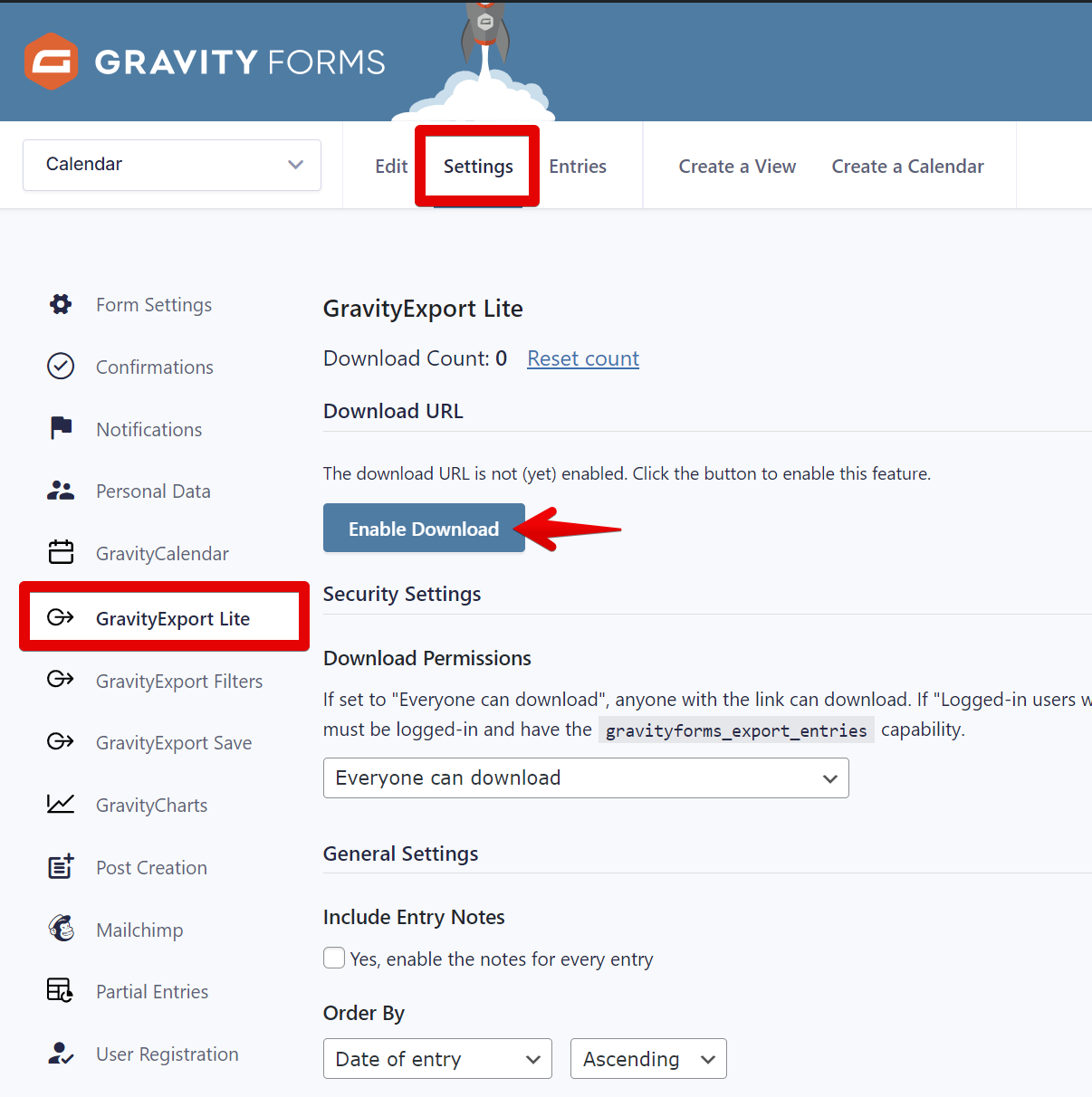 Settings page for GravityExport Lite with options to enable download and set permissions