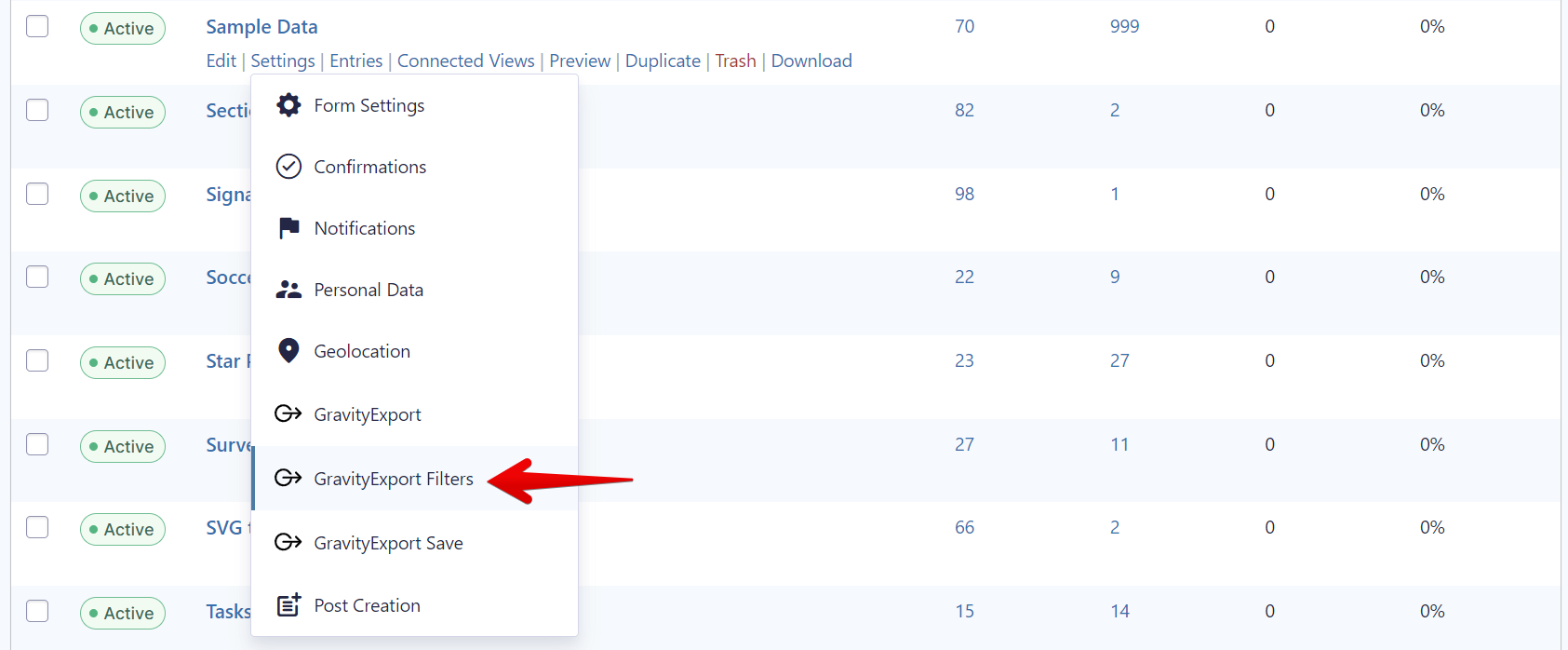 Dropdown menu with GravityExport Filters option highlighted for data export