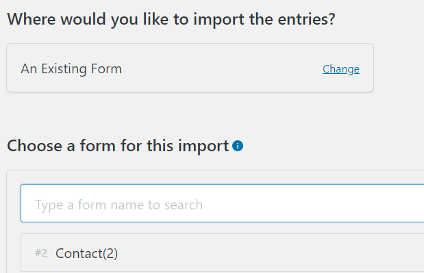 Screenshot of choosing a form to import into by searching