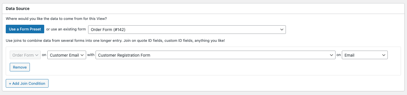 Data source setup showing form preset selection, join conditions for Order Form and Customer Registration Form by email