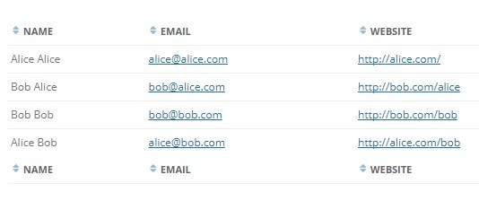 Table with columns: Name, Email, and Website. Website column contains hyperlinks
