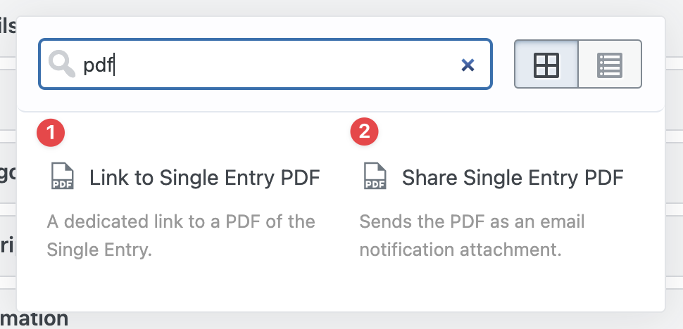 Search shows options: "Link to Single Entry PDF" and "Share Single Entry PDF"