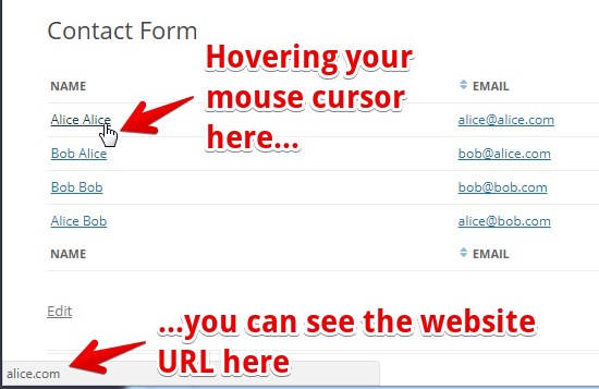 Hover over a name to view the linked website URL in the browser status bar