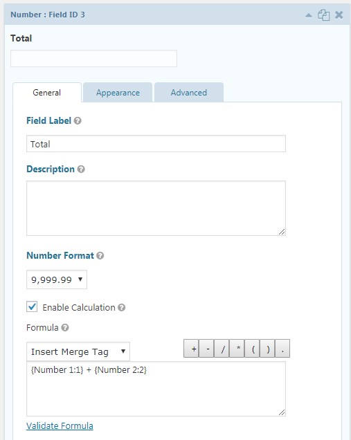 Field settings with labels, number format, and a calculation formula for totals