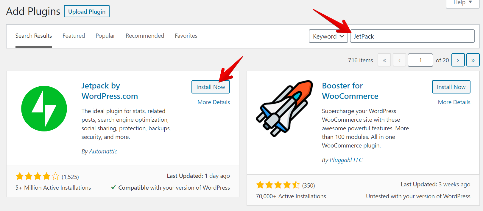 Search results showing Jetpack plugin with "Install Now" button highlighted