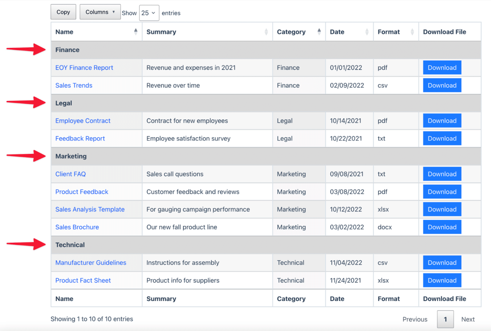 A DataTables table containing rows that are grouped by their category