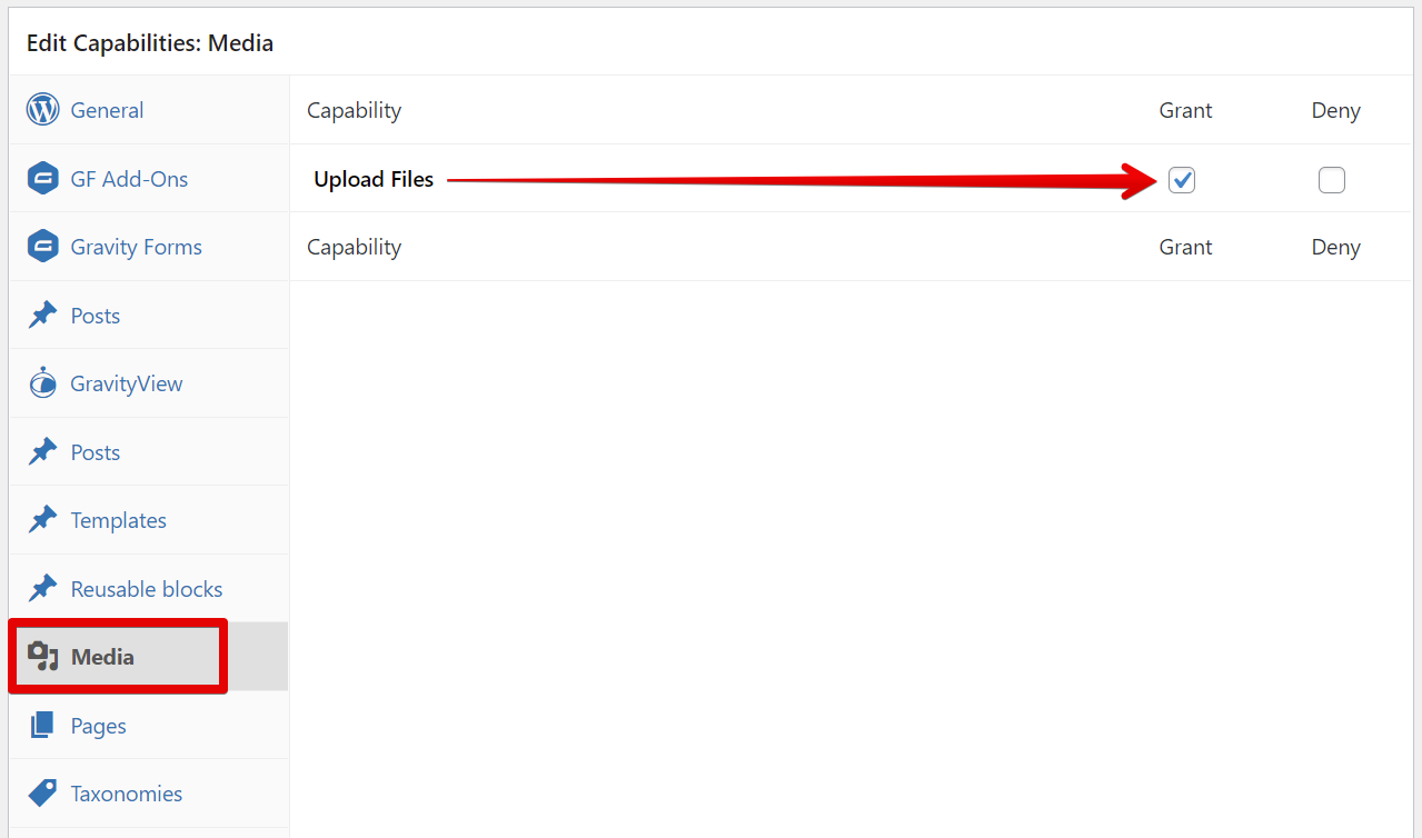 Screenshot of the Media tab from the Members plugin