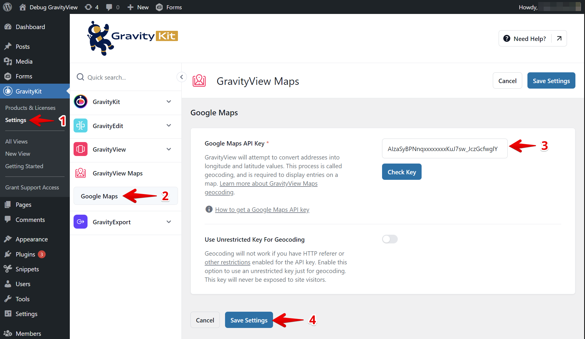 Settings page for entering and saving a Google Maps API key in GravityView