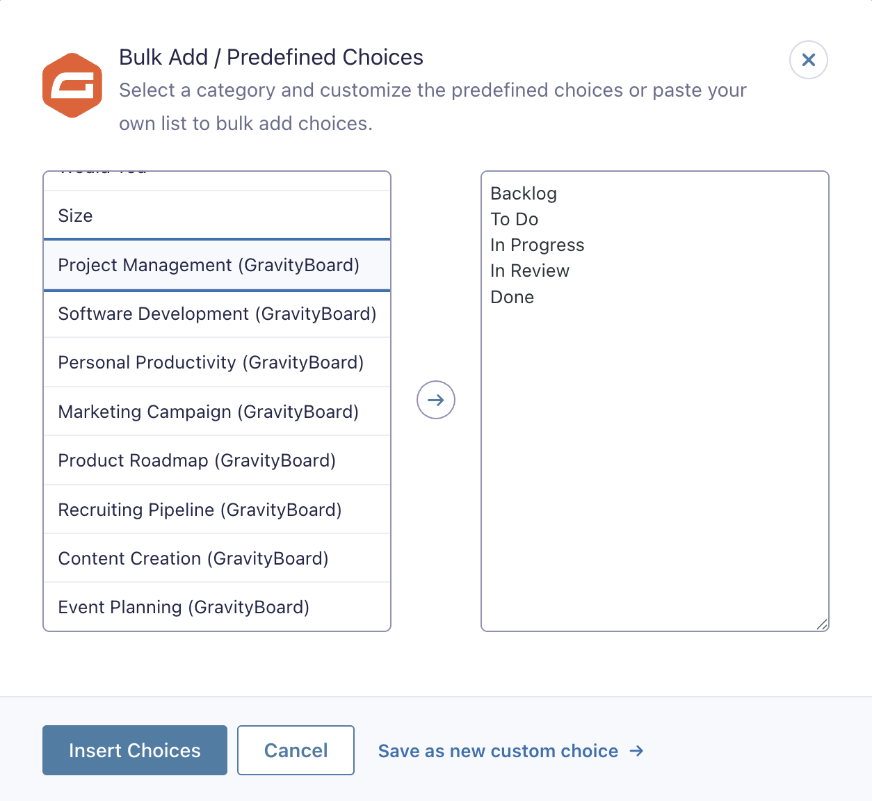 The Bulk Add / Predefined Choices modal in Gravity Forms; there is a list of predefined choices on the left with a preview of the choices on the right