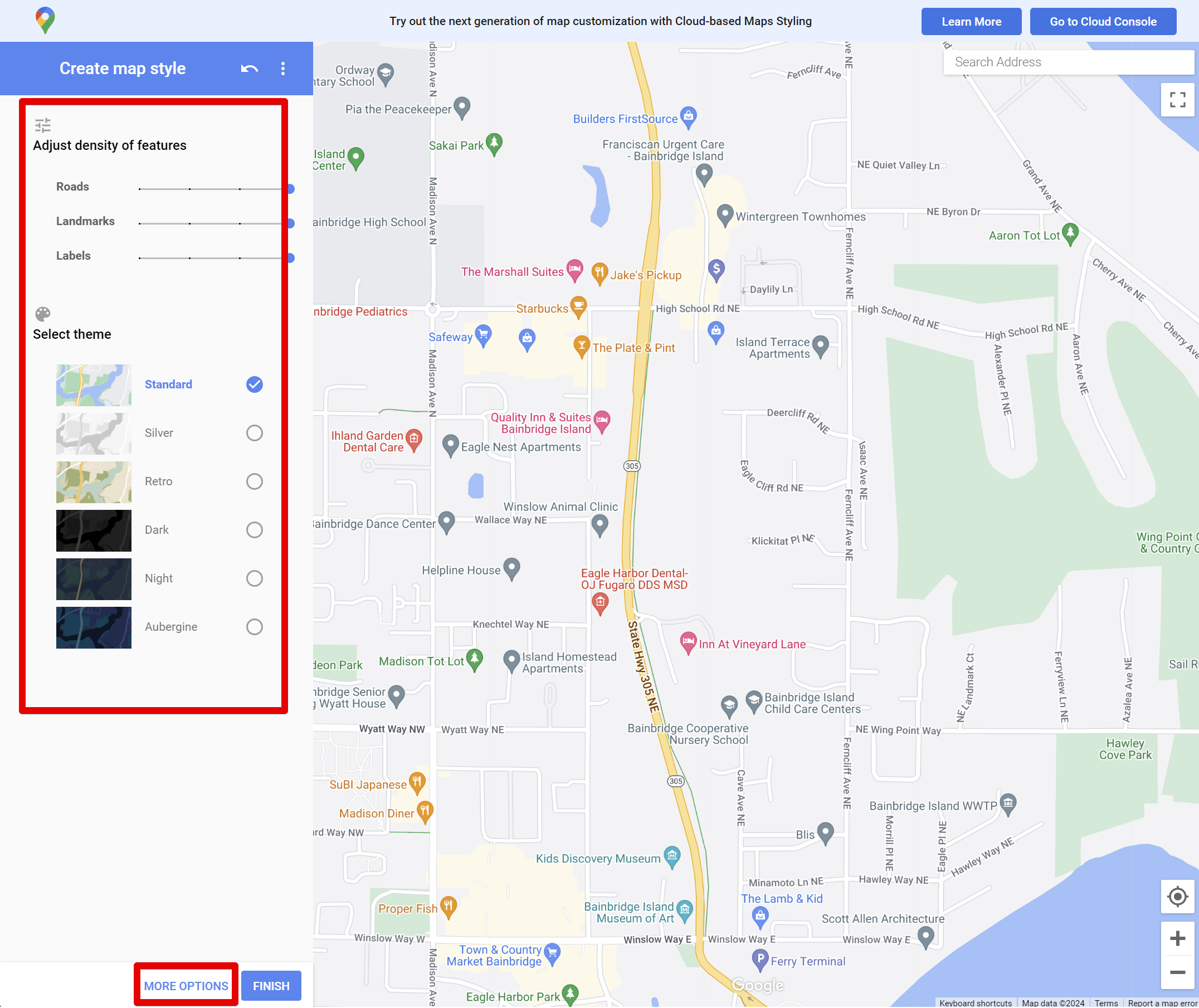 Map customization panel with density sliders and theme options