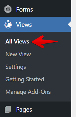 Menu showing GravityView options: All Views, New View, Settings, Getting Started, Manage Add-Ons