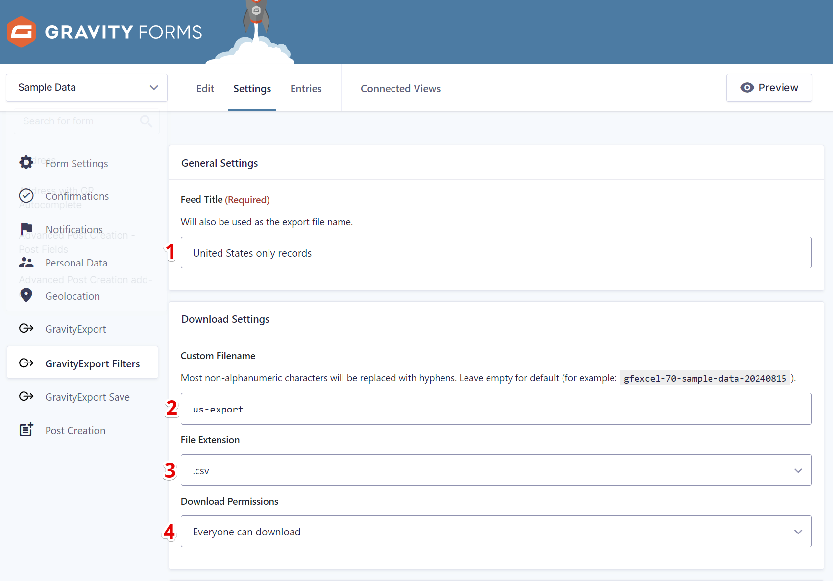 GravityExport Filters settings: Set feed title, custom filename, file extension, and download permissions