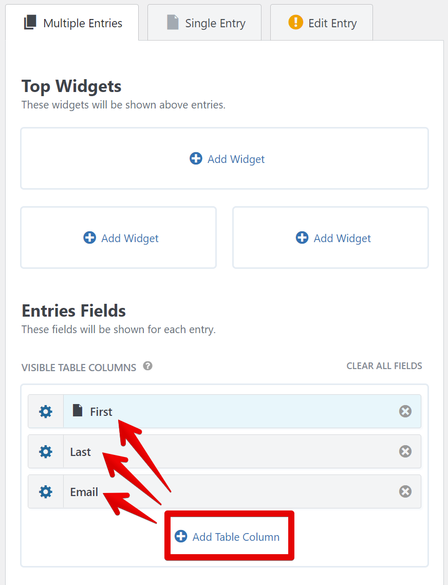 Dashboard interface for managing entry fields, with options to add widgets and table columns. Red arrows highlight fields