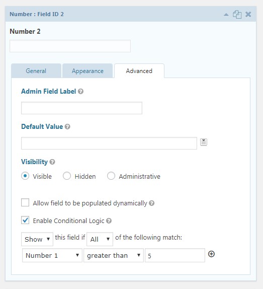 Form settings with admin field label, default value, visibility options, and enabled conditional logic for number fields