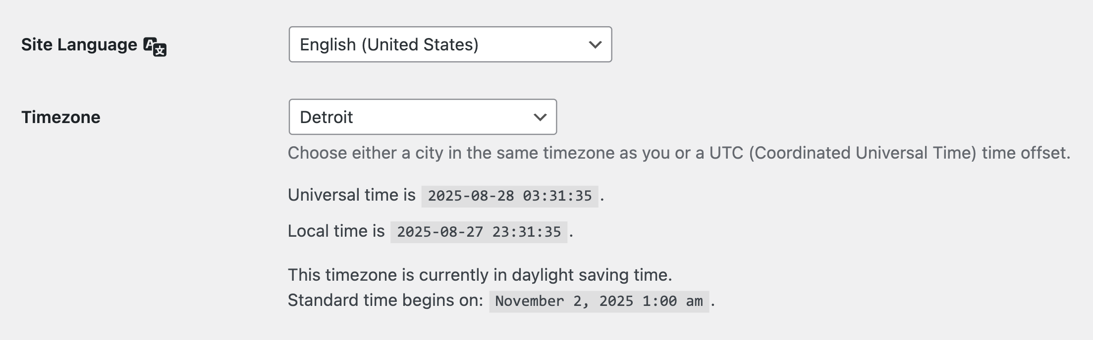 Language and timezone settings, showing current UTC and local time, daylight saving time status, and start date