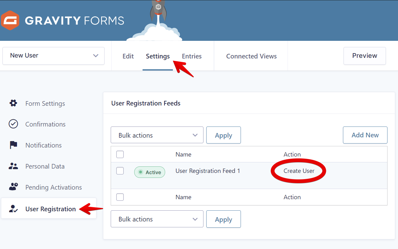 Gravity Forms settings showing user registration feeds with "Create User" action highlighted