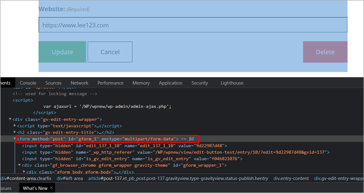 Form HTML code with "Update", "Cancel", and "Delete" button styles displayed