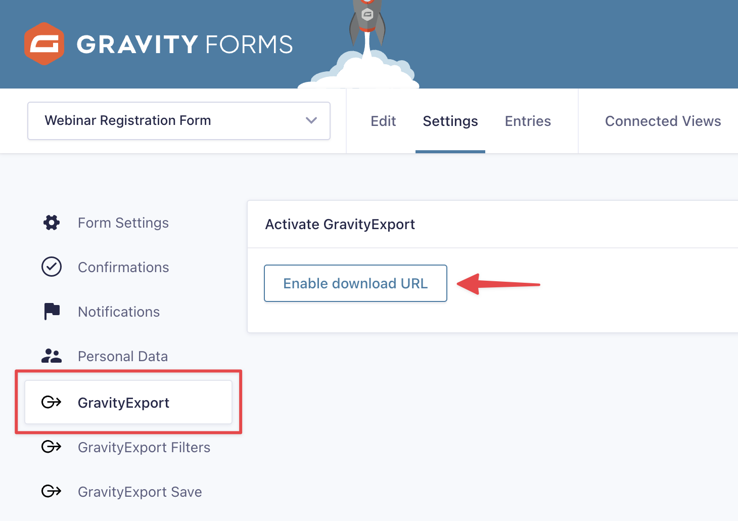 GravityExport settings, activate by clicking "Enable download URL" button