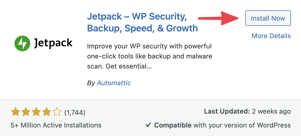 Install Jetpack plugin with one-click tools; rated 4 stars, over 5 million installs, and compatible with WordPress