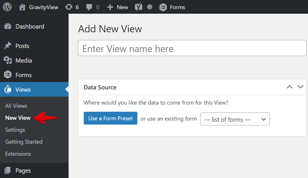 Add New View screen for selecting form data sources in GravityView
