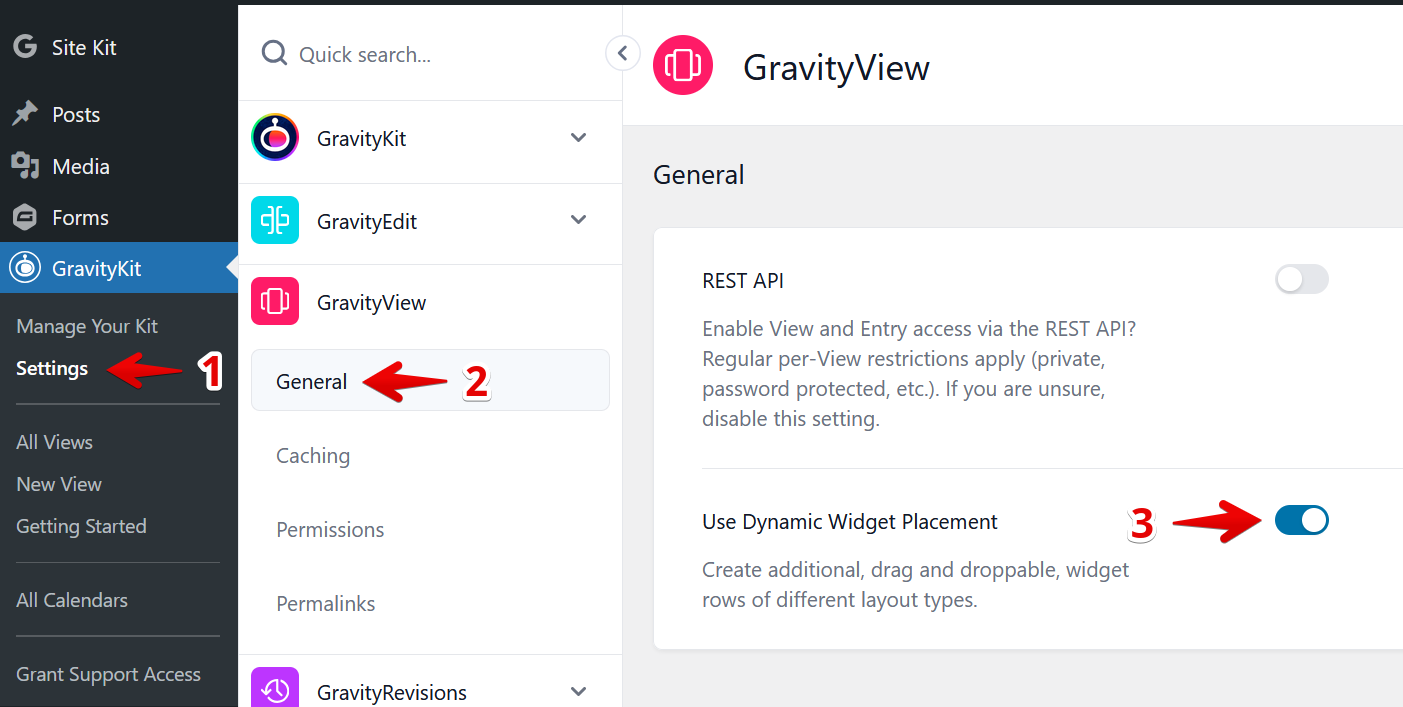 Navigate to GravityKit Settings, select General, and enable Use Dynamic Widget Placement toggle