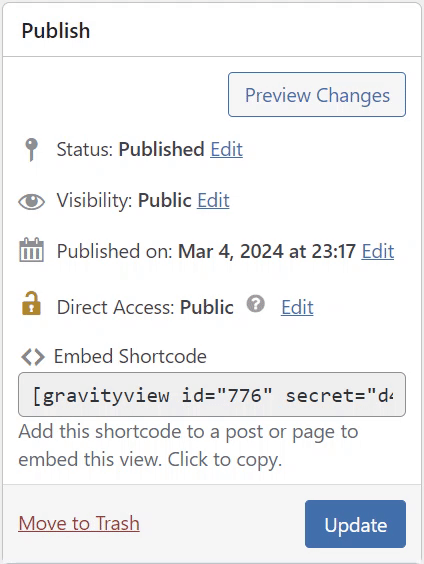 Embed shortcode for published post with secret attribute highlighted. Clicking the Embed Shortcode box copies the full embed code.
