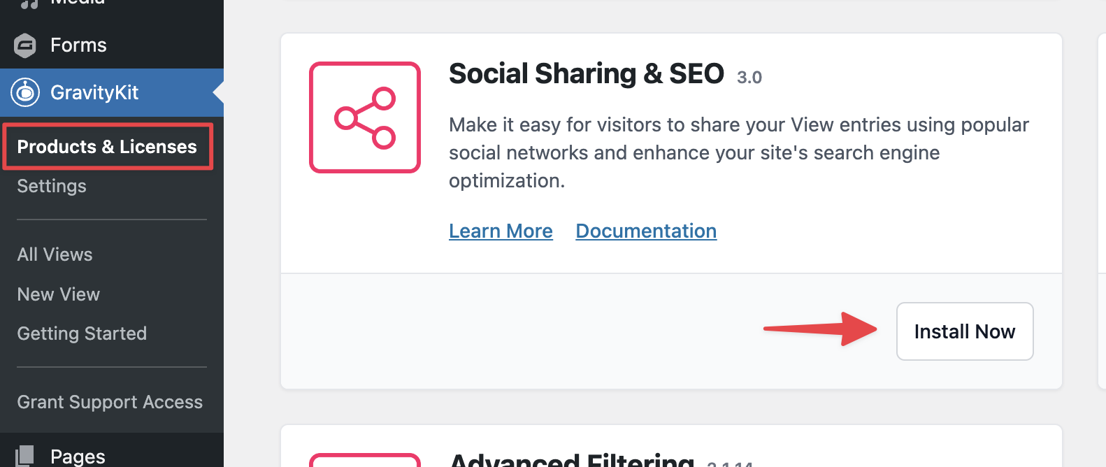Install Social Sharing & SEO extension via GravityKit's Products & Licenses menu
