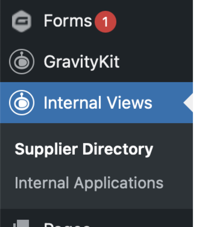 Dashboard menu with items: Forms, GravityKit, Internal Views, Supplier Directory, Internal Applications