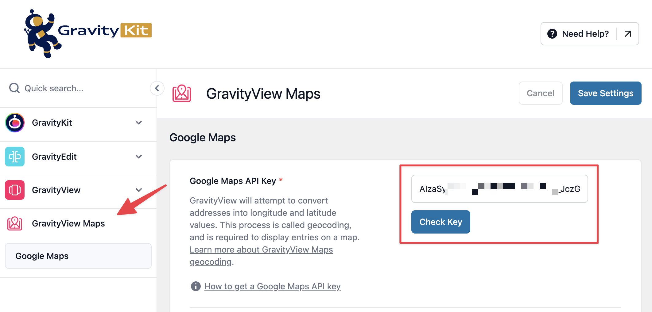 GravityView Maps API Key entry field with