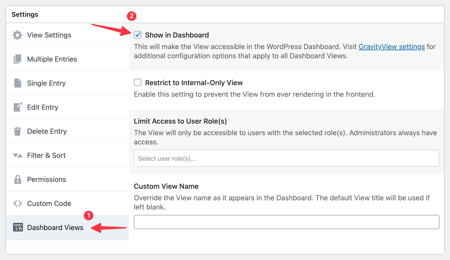 Dashboard Views settings interface with options for visibility, access, and custom view naming