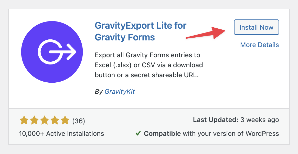 GravityExport Lite for Gravity Forms with option to install or view details; shows ratings and compatibility details