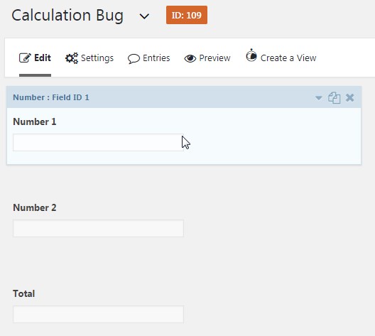 Form editing interface showing fields for two numbers and a total, with a calculation bug context