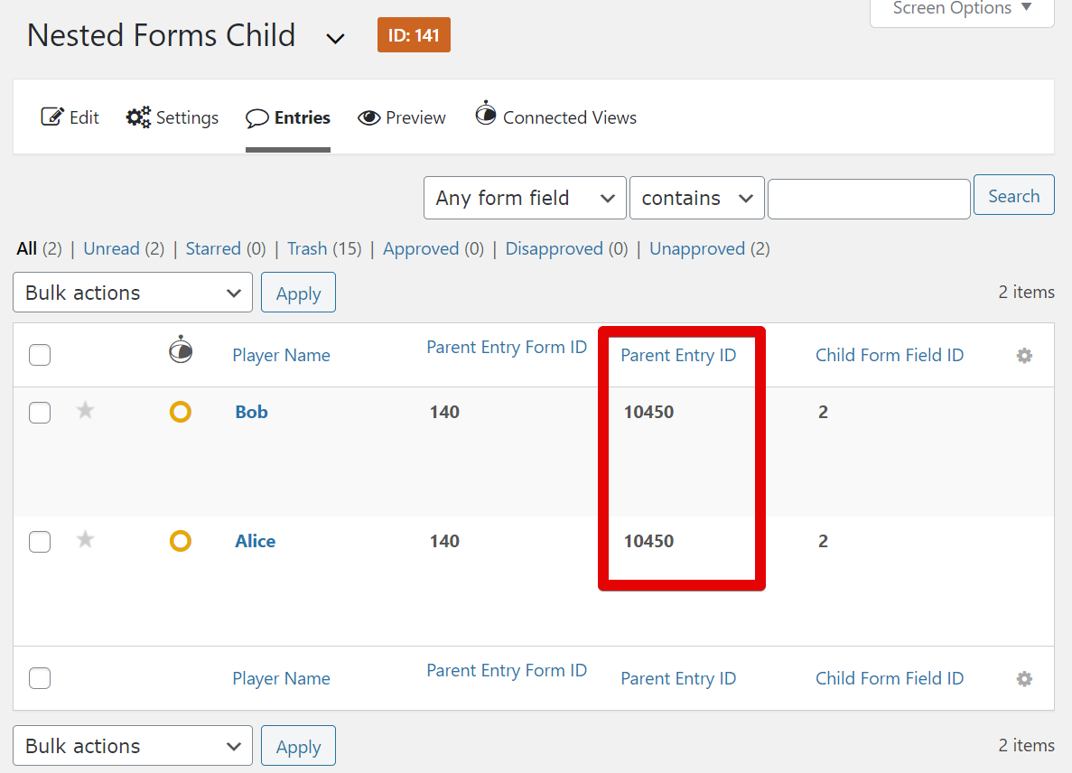 Entries list showing Parent Entry ID 10450 linked to Nested Forms Child in a form management interface