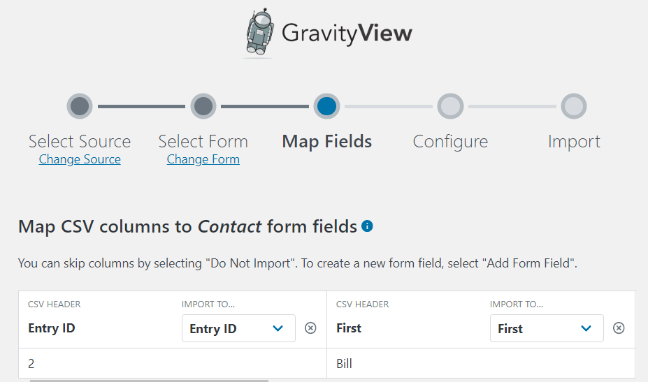 Mapping columns from a CSV file including Entry ID to a Gravity Forms fields