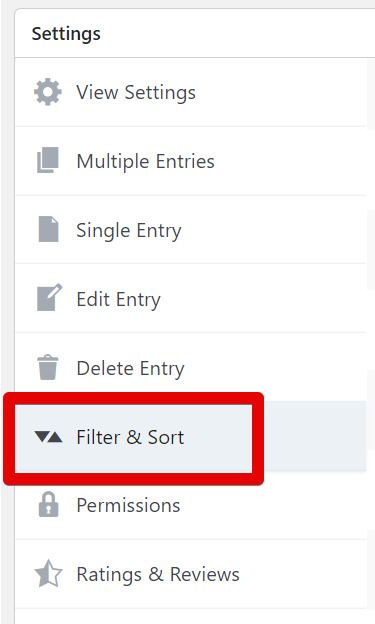 Filter & Sort option highlighted in a settings menu with entry and permission options