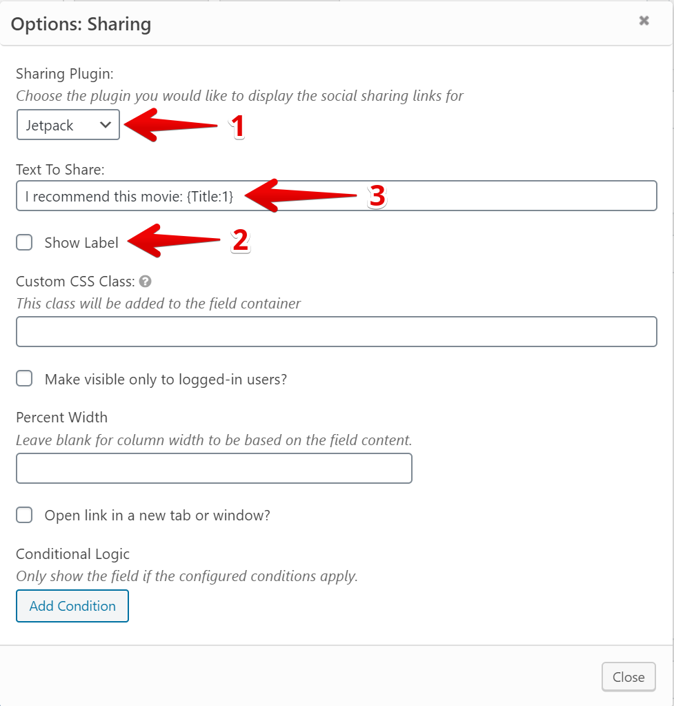 Jetpack sharing button settings showing plugin choice, text field, and label option