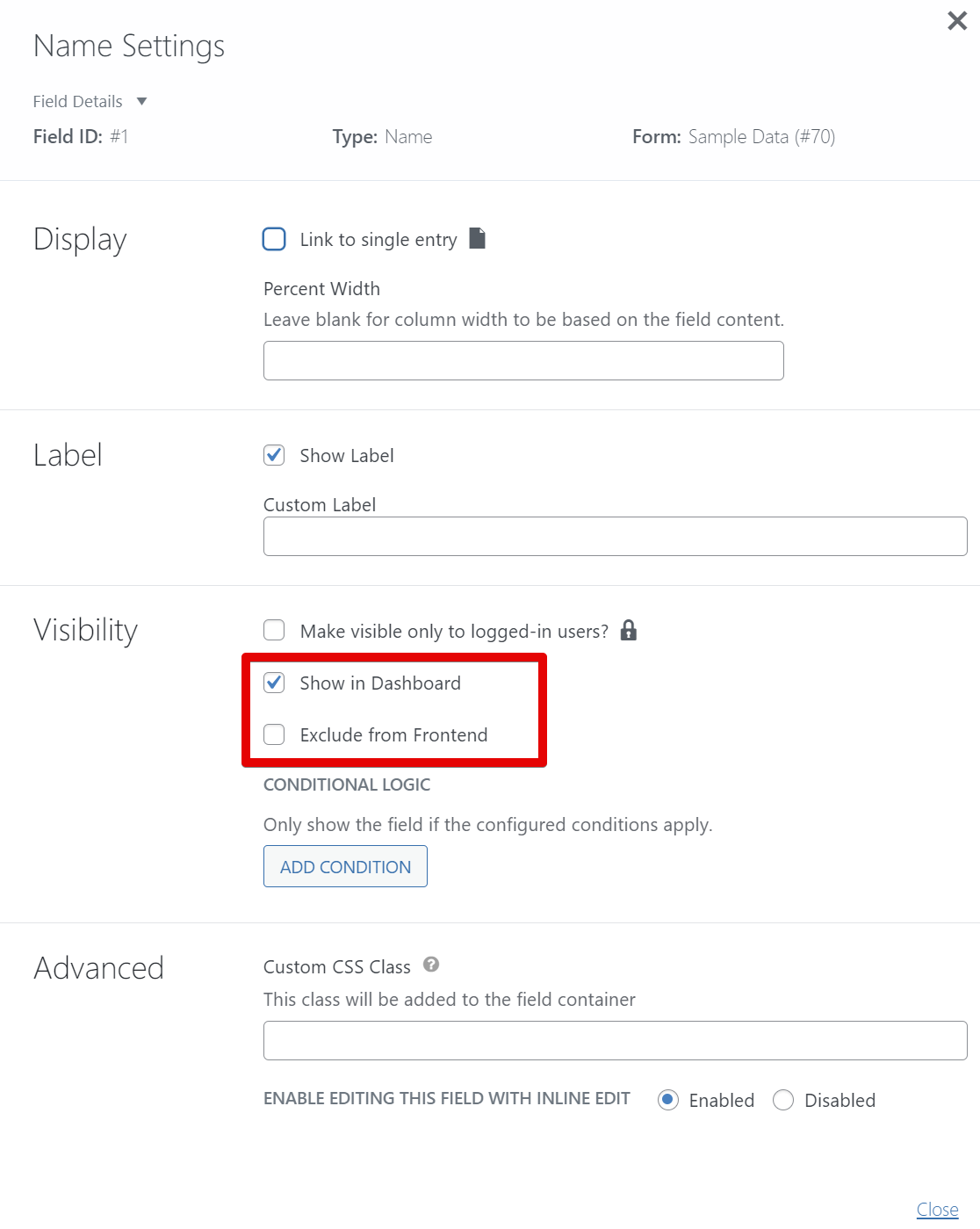 Field visibility settings with options for dashboard and frontend display