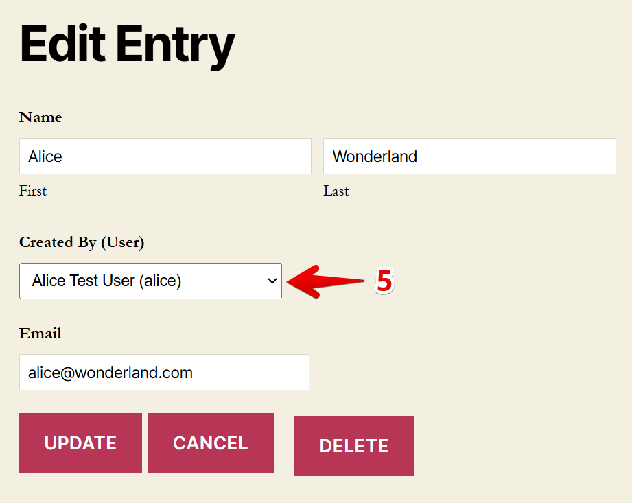 Edit entry form showing creator selection dropdown with "Alice Test User" selected