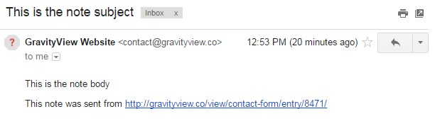 Email from GravityView with subject and body text, including a URL link for viewing entry details