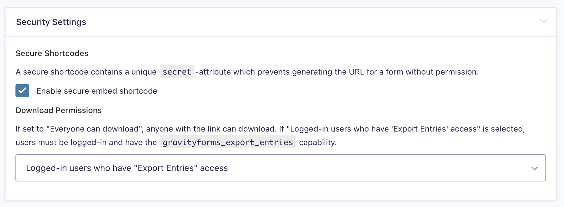 Security settings for GravityExport: enable secure shortcodes, manage download permissions for logged-in users